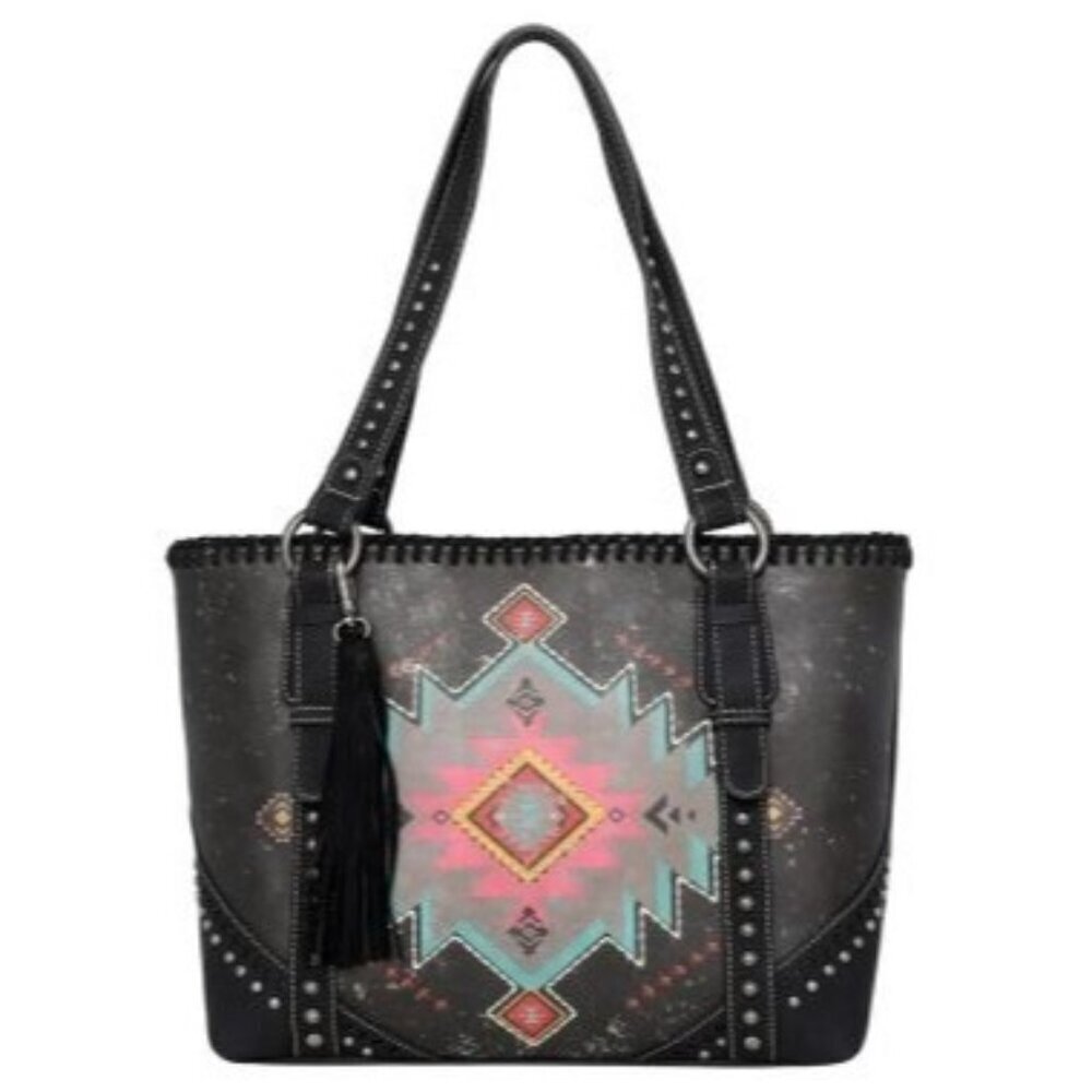 Montana West Aztec Collection Conceal Carry Tote Handbag With Whipstitch, Tassel